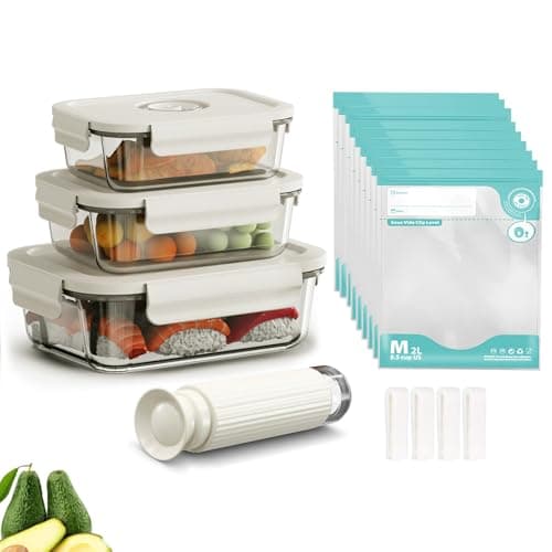CABIBOX Vacuum Sealer & Food Storage Container for Food, Vacuum Sealer for Food + 3 Glass Vacuum Containers |Rectangle [21 Oz/35 Oz/50 Oz]+ 10 Reusable Food Saver Sealer Bags,For Freezer, Meal Prep - Image 1