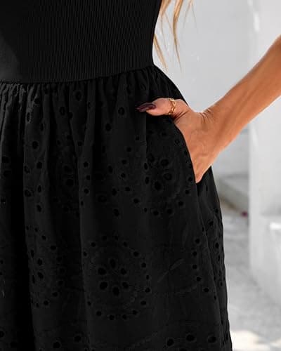 dowerme Women Summer Dresses 2026 Casual Sleeveless Crewneck A-Line Boho Lace Eyelet Cotton Tank Maxi Dress with Pockets(Black,X-Large) - Thumbnail 4