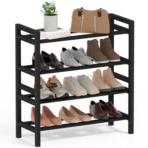 Haddockway Bamboo Shoe Rack for Closet, Free Standing Shoe Organizer with Smooth Round Rods & Convenient Handles, Stackable Shoe Storage Shelf for Entryway, Hallway(Black, 4-Tier(Small)) - Image 1