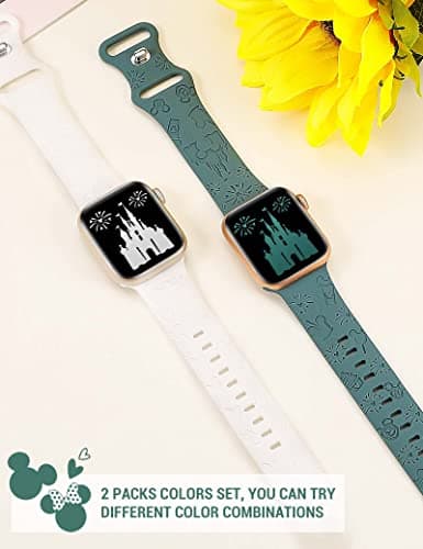 Girovo 2 Packs Cartoon Engraved Bands Compatible with Apple Watch Bands 49/46/45/44/42mm Women, Cute Designer Soft Silicone Strap for iWatch Series 11 10 9 8 7 6 5 4 3 SE/Ultra 3 2 1, White/Green - Thumbnail 4
