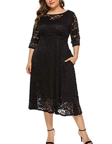 Eternatastic Womens Scooped Neckline Floral lace Top Plus Size Cocktail Party Midi Dress XL Black - Thumbnail 2