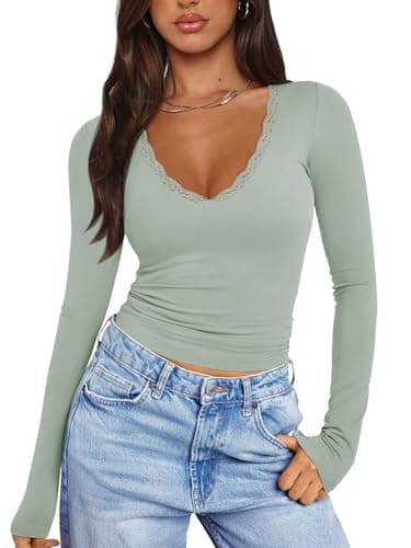 PINKMSTYLE Women's Sexy V Neck Lace Tops Tight Double Lined Fashion Casual Long Sleeve Shirts Party Clothes Fall Tops Turquoise X-Large - Image 1
