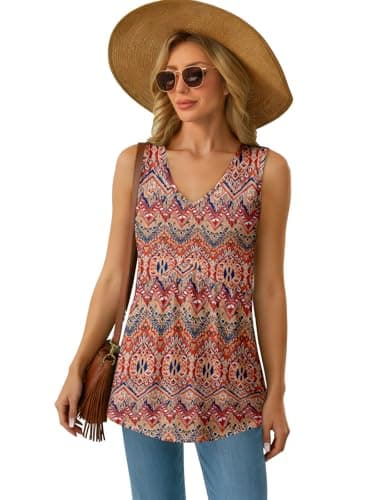 GKBK Womens Tank Tops 2026 V Neck Babydoll Flowy Peplum Tops for Women Dressy Boho Sleeveless Floral Tank Tops Bohemia Orange - Thumbnail 6