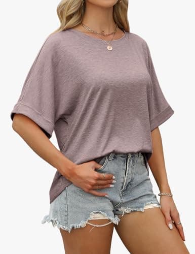 GKBK Womens Oversized T Shirts Crew Neck Short Sleeve Tops Spring Summer Business Dressy Casual Loose Fit Workout Work Basic Tee Shirt 2026 Plus Size Vacation Trendy Clothes Outfit Gray Purple XL - Thumbnail 4