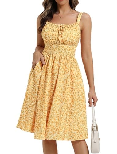 Belle Poque 2026 Summer Yellow Floral Dress for Women Midi A Line Sundress Cute Milkmaid Dress with Pockets S - Thumbnail 5