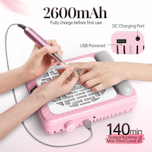 krofaue Rechargeable Nail Dust Collector with Arm Rest, 800PA Portable Cordless Dust Collector Nail Tech with Reusable Filter, Professional Nail Vacuum Fan for Acrylic Nail Polishing, Salon, Home use - Thumbnail 2