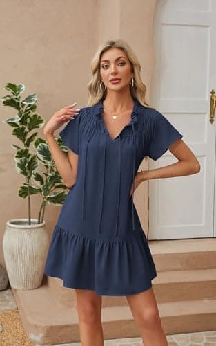 Angashion Womens Summer Mini Dress Short Sleeves V Neck Dresses Ruffle Casual Tie Sundress with Pockets Navy Blue Large - Thumbnail 6