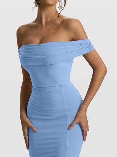 Caracilia Women’s Off Shoulder Maxi Wedding Guest Dress Summer Bodycon High Split Mesh Formal Cocktail Evening Party Dresses Blue Small - Thumbnail 5