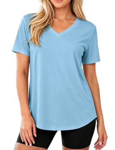 MAPICK V Neck Tops for Women Short Sleeve Gym Tee Workout Shirt Athletic Yoga Top Summer Loose Fit Tee Light Blue - Image 1