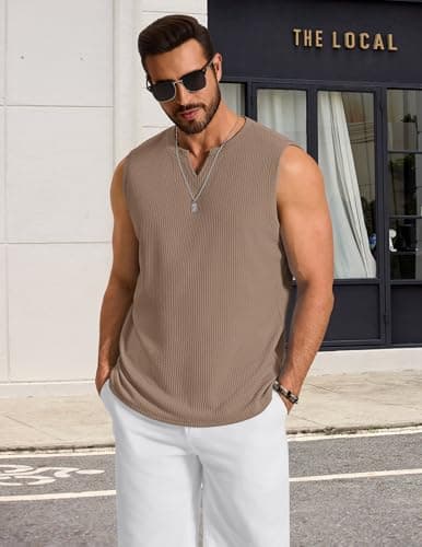 COOFANDY Mens Casual Knit Tank Sleeveless v Neck tee Shirts Textured Beach Breathable Tanks, Khaki, XX-Large - Thumbnail 2