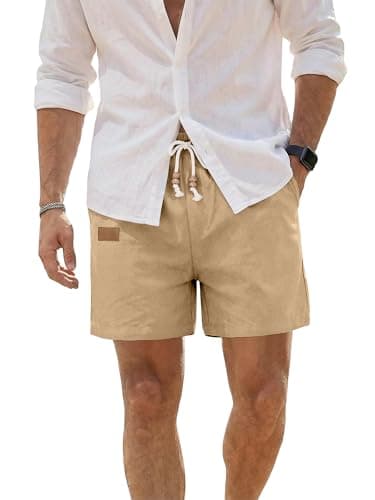 JMIERR Men's Casual Cotton Linen Shorts - Drawstring Summer Beach Stretch Golf Dress Short 5 inch Polo Shorts with Pockets for Men,2XL,A Beige - Image 1