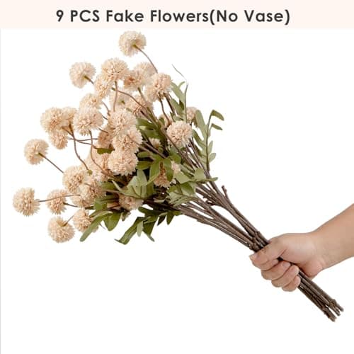 trytuny Fake Fall Flowers for Vase, Faux Silk Kiku Mums, Artificial Pom pom Floral Bouquets Indoor Centerpiece Office Coffee Table Boho Home Decorations (9, Khaki) - Thumbnail 3