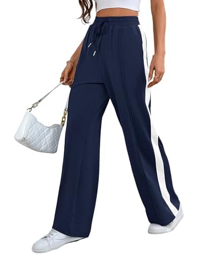 Bellcoco Casual Wide Leg Pants for Women High Waisted Baggy Sweat Pants Drawstring Long Pants Striped Track Pants with Pocket Navy Blue M - Image 1