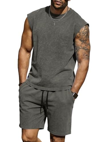JEMLDL Men's Casual Sleeveless Shirts and Shorts Summer Beach Vacation 2 Piece Outfit Lounge Workout Cotton Set Gray L - Image 1