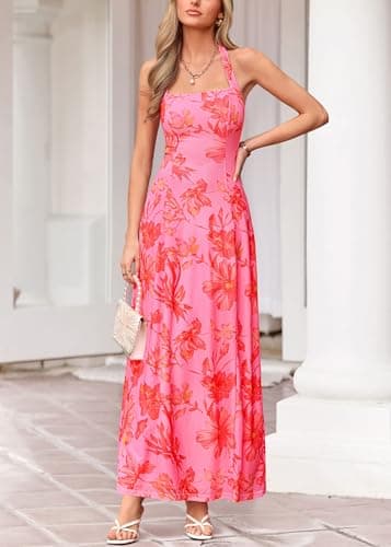 KIRUNDO Women's Summer Sleeveless Halter Floral Maxi Dress 2026 Beach Wedding Guest Cocktail Mesh Flowy A Line Long Sundress(Pink, Medium) - Thumbnail 5