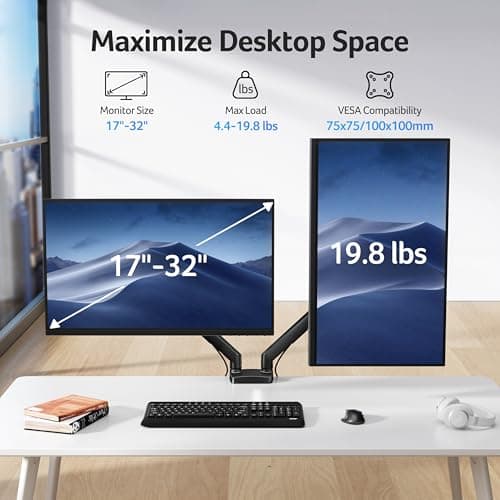 Acer Dual Monitor Arm, Computer Desk Arm with VESA Mounts for 17–32″ Screens, Fully Adjustable Gas Spring Monitor Stand, C-Clamp and Grommet Mounting Base, Fits 4.4 to 19.8lbs Computer Monitors - Thumbnail 2