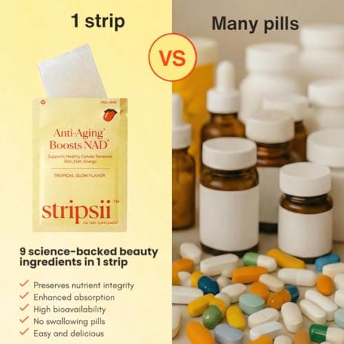 Stripsii NAD+ Strips (30 ct) – Skin Glow, Healthy Hair & Strong Nails Support – Collagen, Hyaluronic Acid & Biotin – Fast-Absorbing Oral Dissolving Supplement – Tropical Flavor, No Sugar, Made in USA - Thumbnail 4