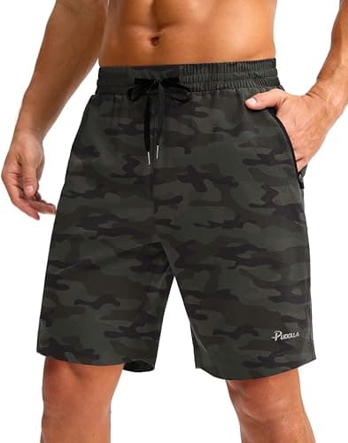 Pudolla Mens Shorts 5"/9" Gym Shorts with Zipper Pockets Lightweight Quick Dry Running Shorts for Men(Grey Sage Camo L9_S)
