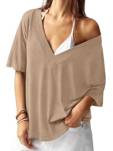 REORIA Women's Trendy Oversized V-Neck T Shirt Short Sleeve Off The Shoulder Contrast Stitching Loose Fit Tops for 2026 Spring Summer Khaki XX-Large - Image 1