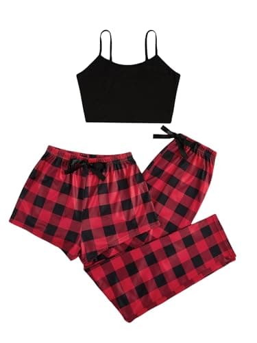 GORGLITTER Women's 3 Piece Plaid Pajamas Pants Set Cami Top with Shorts Loungewear Sleepwear Red and Black Medium - Image 1