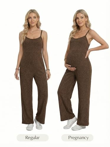 BLENCOT Jumpsuits for Women Casual Ribbed Adjustable Strap Sleeveless Wide Leg Pants Brown Jumpsuit Maternity Clothes XX-large - Thumbnail 6