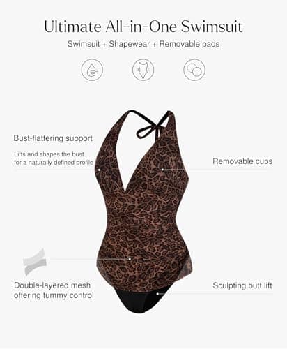 Popilush One Piece Swimsuit Women Tummy Cnotrol - Bathing Suit Tankini Leopard Swimsuits V Neck Mesh Swim Suits - Thumbnail 4