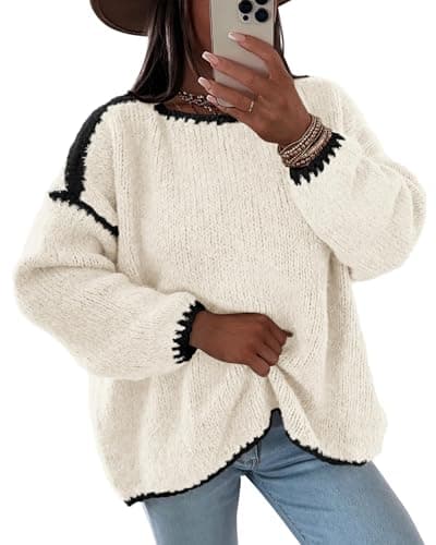 KIRUNDO Womens Sweaters 2026 Fall Oversized Long Sleeve Chunky Knit Crew Neck Contrast Stitching Pullover Winter Clothes(White, Large) - Image 1