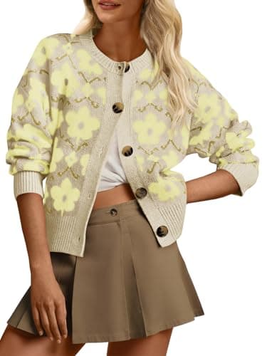 Saodimallsu Womens Light Yellow Flower Pattern Cardigan Sweaters Classic Long Sleeve Open Front Button Up Sweater 2025 - Image 1