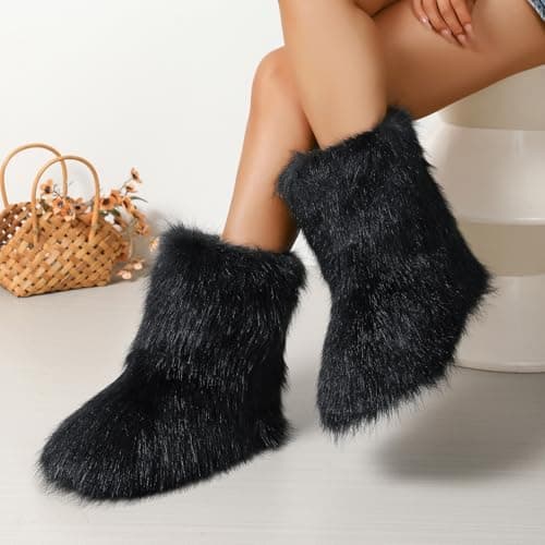 Dufnfn Women's Faux Fur Boots Size 9 - Mid-Calf Winter Snow Boots with Fluffy Lining, Y2K Fashion Warm Shoes for Women （black） - Thumbnail 2