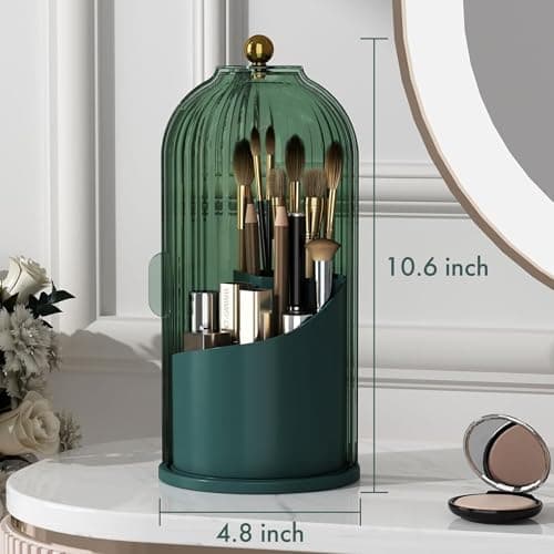 ZHUSSZHU Makeup Brush Holder with Lid Cosmetic Tools Organizer 360 Rotating Waterproof Dustproof Beauty Brushes Storage for Vanity, White Malachite green - Thumbnail 4