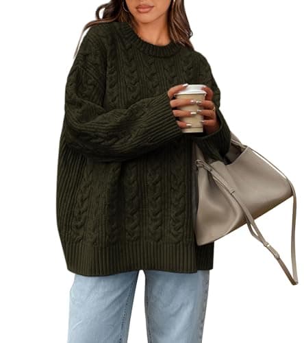 Okiwam Women's Oversized Sweaters Crewneck Cable Knit Pullover Casual Loose Fall Outfits Spring Fashion Clothes 2026-XL Army Green - Image 1