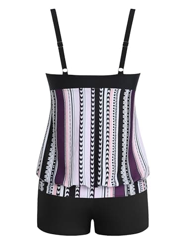 ZAFUL Two Piece Tankini Swimsuit for Women Tummy Control Bathing Suit with Boy Shorts Blouson Swimwear 3-Pink Purple Stripes L - Thumbnail 3