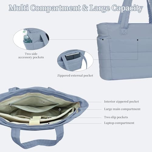 JHhomezeit Puffer Tote Bag for Women-Large Work Tote Bags Quilted Lightweight Puffy Bags Shoulder Bag with Laptop Compartment Blue - Thumbnail 5