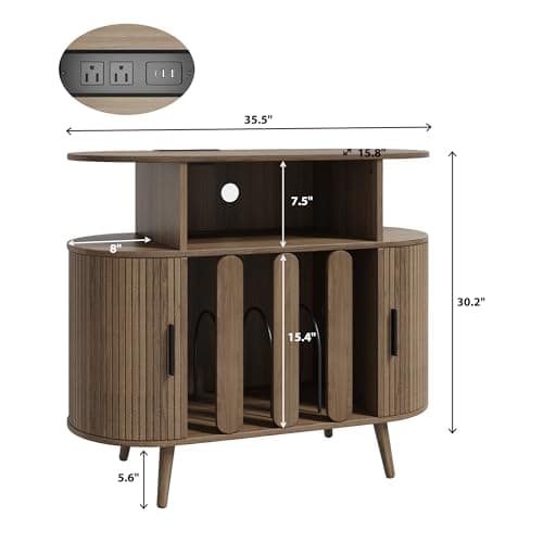 Azaeahom Record Player Stand with Vinyl Storage, Record Player Table with Charging Station, Record Holder & Record Shelf for 150+ Albums, Vinyl Record Storage Cabinet, Turntable Stand for Living Room - Thumbnail 2