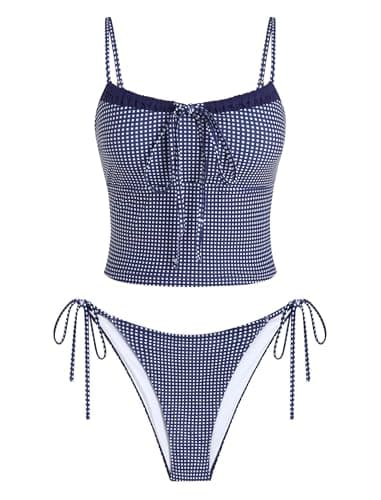 ZAFUL Navy Gingham Tankini Swimsuits for Womens Cute Tankini Bathing Suits Two Piece Checkered Tankinis Sets Bow Color Block Swimsuits with Tie Side Bottom - Image 1