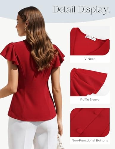 GRACE KARIN Summer Blouses for Women Dressy Casual, 2026 Ruffle Sleeve Peplum Tops, V Neck Business Work Shirts Red L - Thumbnail 4