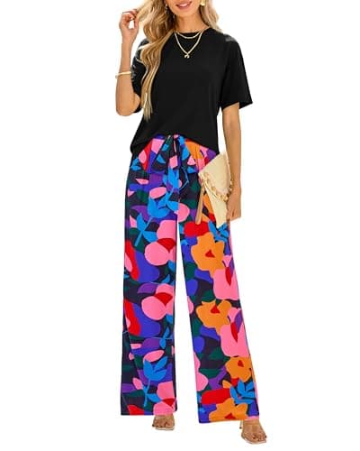 PRETTYGARDEN Women Summer 2 Piece Outfits 2026 Short Sleeve Knit Top Floral Print Belted Wide Leg Pant Sets With Pockets(Floral Black Multicolored,Medium) - Image 1