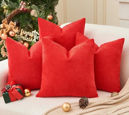 GriNeed Pack of 4 Christmas Red Pillow Covers 20x20 Inch Chenille Throw Pillow Covers Solid Decorative Soft Xmas Cushion Covers Home Boho Textured Decor for Couch Sofa Bed Living Room