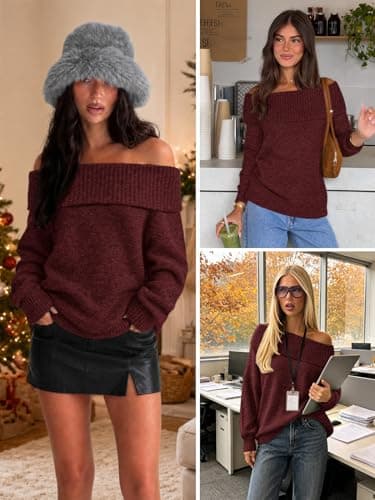 ATHMILE Womens Off The Shoulder Sweaters Oversized Batwing Sleeve Loose Pullover Fall Outfits Winter Fashion Tops 2026 Wine Red - Thumbnail 5