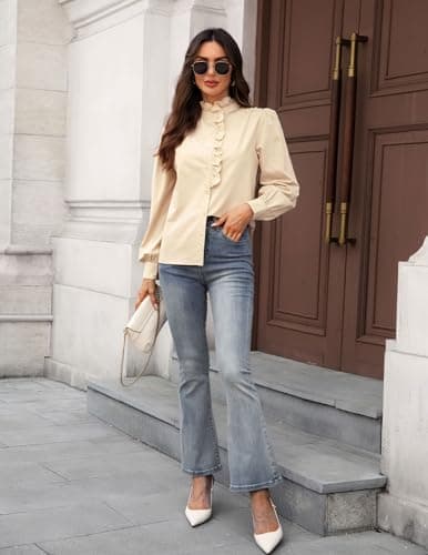 LOOKBOHO Blouses for Women Dressy Casual - Ruffle Lace Neck Button Down Tops Spring Dressy Elegant Solid Retro Shirts for Casual, Office, Work, Everyday Wear Beige X-Large - Thumbnail 5