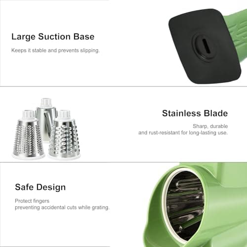 Spylandy Rotary Cheese Grater, 3-in-1 Manual Vegetable Slicer with Handle, Safer Kitchen Mandoline Shredder with Suction Base for Cheese, Nuts, Potatoes & Salads – Easy to Clean (Green) - Thumbnail 2