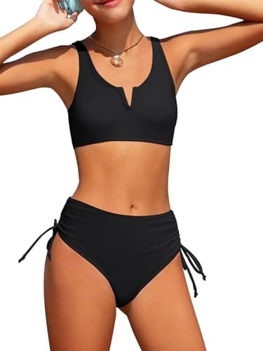 AMAWMW Girls Bathing Suit Bikini Set V-Neck Cutout Swimsuit Two Piece Beach Swimwear for Teen Girls 7-16Y, Black, 9-10 Years - Image 1