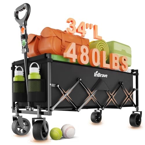 InBrave Extra Long Collapsible Wagon Cart, 480LBS Heavy Duty Utility Wagons with All-Terrain Wheels, Foldable Grocery Carts for Gardening, Shopping, Beach, Camping, Black - Image 1