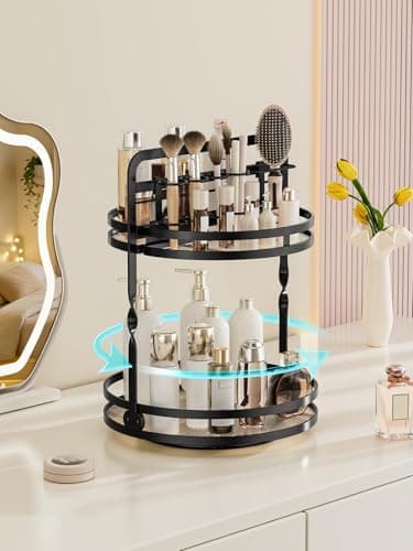 DUANFEE Rotating Makeup Vanity Organizer, 360 Spinning Perfume Organizer for Dresser, 2-Tier Black Bathroom Countertop Organizer, Lazy Susan Skincare Storage, Cosmetic Display with Makeup Brush Holder - Thumbnail 2