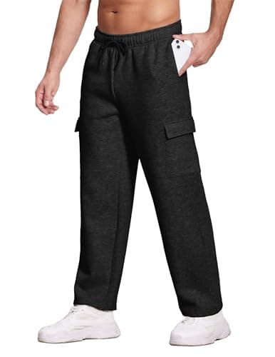 Deyeek Men's Black Fleece Cargo Sweatpants with Pockets Open Bottom Sweat Pants for Mens Winter Thick Loose Fit Lounge Pants - Thumbnail 3