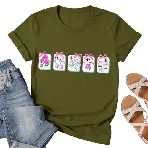 Mahjong Shirts for Women-Cute Mahjong Tshirts for Family Pink Bow Tee Ladies Mah-Jong Club Top - Image 1