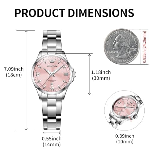 OLEVS Watches for Women, Luxury Analog Quartz Women's Watch with Pink Dial, Silver Stainless Steel Bracelet, Waterproof Ladies Wrist Watch with Date Window - Thumbnail 3