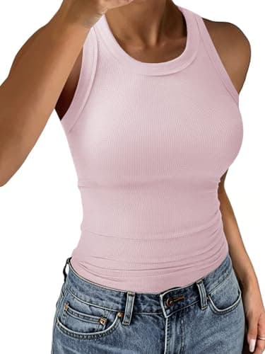 C.O.Z.Y Tank Tops for Women Ribbed Racerback Top Shirts High Neck Tank Casual Slim fit Basic Summer Tops Dusty Pink XL - Image 1