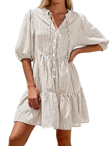 BTFBM Womens Summer Dresses 2026 Striped Mini Dress Half Sleeve Button Down Casual Flowy Beach Vacation Outfits Pockets(Brown, XX-Large) - Image 1