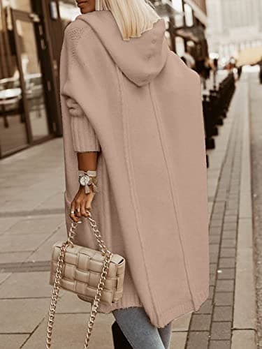 Aoysky Womens Long Cardigans Cable Knitted Open Front Oversized Hooded Outerwear Sweater Coat Apricot - Thumbnail 3